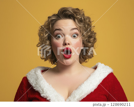 Surprised woman with curly hair wearing red and white Christmas outfit on yellow background 128690211