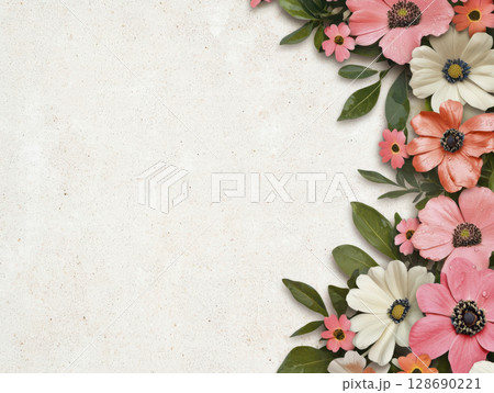 Spring inspired layout featuring blooming flower with green leaves on light background 128690221