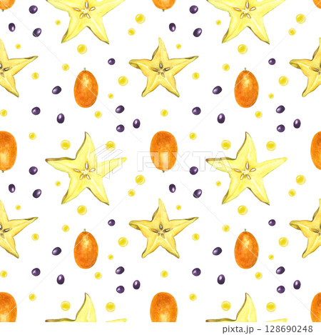 Fresh carambola slices, ripe kumquats, juicy droplets and seeds hand painted watercolor seamless pattern isolated background. Tropical citrus fruits for food packaging, menu design, textile prints. Fresh carambola slices, ripe kumquats, juicy droplets and seeds hand painted watercolor seamless pattern isolated background. Tropical citrus fruits for food packaging, menu design, textile prints. 128690248