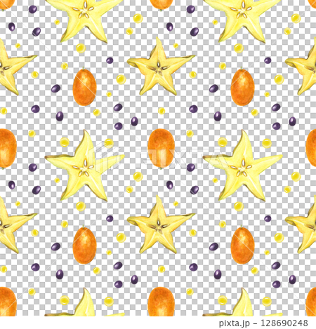 Fresh carambola slices, ripe kumquats, juicy droplets and seeds hand painted watercolor seamless pattern isolated background. Tropical citrus fruits for food packaging, menu design, textile prints. Fresh carambola slices, ripe kumquats, juicy droplets and seeds hand painted watercolor seamless pattern isolated background. Tropical citrus fruits for food packaging, menu design, textile prints. 128690248