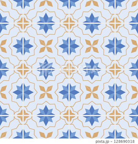 Oriental style blue tile seamless pattern. Cute simple geometric floral moroccan design. 128690318
