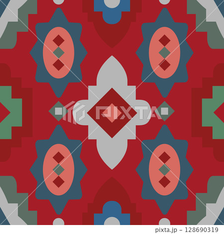 Geometric abstract carpet pattern. Tribal simple vector seamless background. Oriental mosaic rag ornaments. 128690319