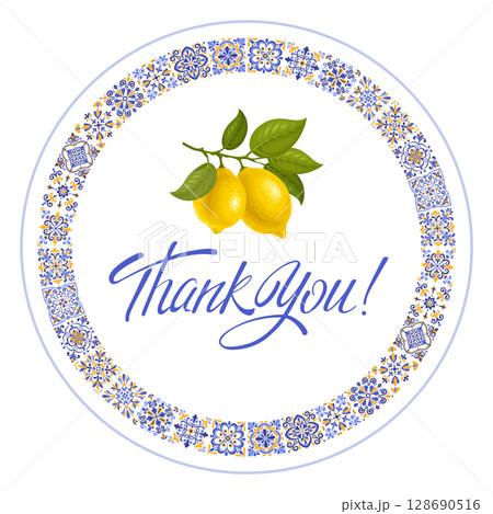 Circle Template With Azulejo Tiles And Lemons 128690516