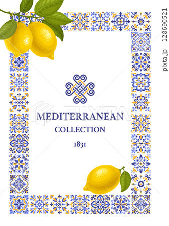 Banner Or Card With Mediterranean Azulejo Tile pattern And Lemons Banner Or Card With Mediterranean Azulejo Tile pattern And Lemons 128690521