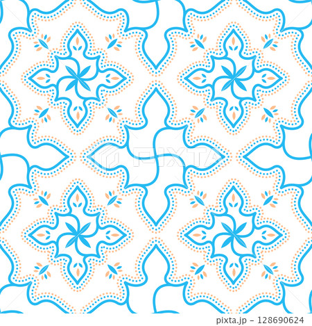 Seamless Geometric Floral Pattern in Blue and Orange Vector Design 128690624