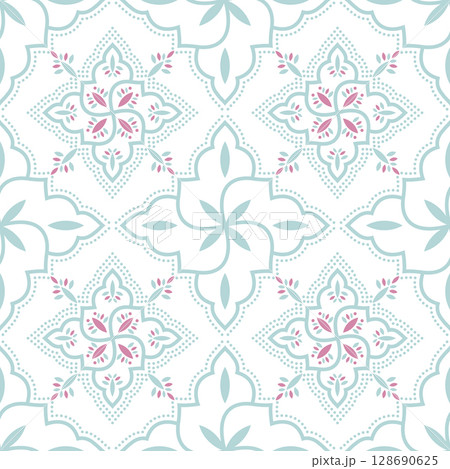 Soft Pastel Seamless Floral Tile Pattern with Pink and Teal Accents 128690625
