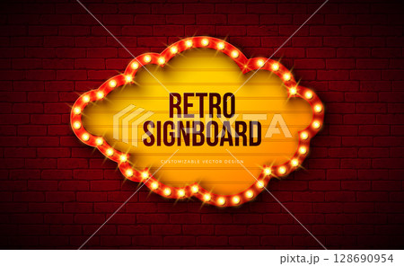 Retro Signboard Lightbox Banner Design with Glowing Light Bulb Frame Billboard on Vintage Brick Wall Background. Vector Customizable Cloud Shape Marquee Sign Illustration for Casino Advertising Retro Signboard Lightbox Banner Design with Glowing Light Bulb Frame Billboard on Vintage Brick Wall Background. Vector Customizable Cloud Shape Marquee Sign Illustration for Casino Advertising 128690954