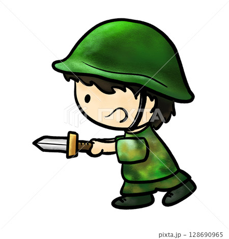 Little boy cosplay soldier and play with sword cartoon illustration 128690965