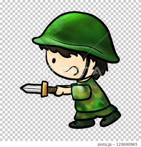 Little boy cosplay soldier and play with sword cartoon illustration 128690965