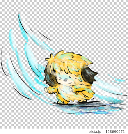 Small fluffy yellow dog resists to strong wind cartoon illustration 128690971