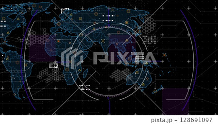 Image of scope, markers and data processing over world map Image of scope, markers and data processing over world map 128691097