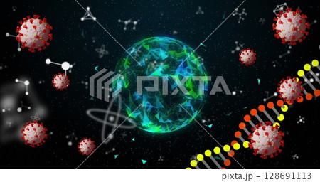 Floating polygonal globe glowing in dark digital space, with coronavirus particles and DNA helix Floating polygonal globe glowing in dark digital space, with coronavirus particles and DNA helix 128691113