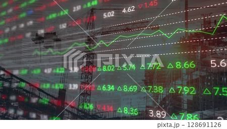 Image of crane at construction site, financial data processing and statistics 128691126