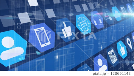 Image of media icons over blue background 128691142