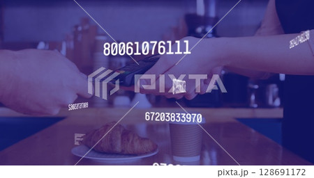 Image of data processing over diverse people paying with credit card 128691172