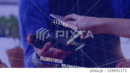 Image of data processing over diverse people paying with smartphone 128691173