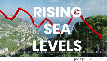 Image of rising sea levels over financial graph and seascape 128691180