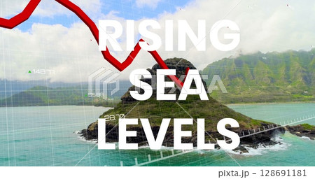 Image of rising sea levels over financial graph and seascape 128691181