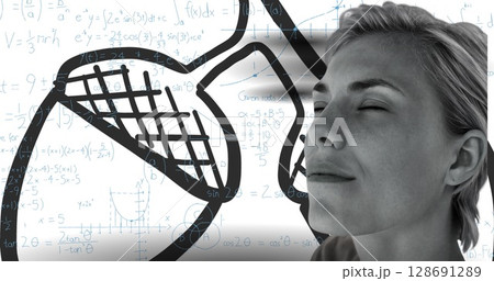 Image of caucasian woman relaxing on white background with graffiti and math symbols 128691289