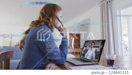 Image of data processing over caucasian woman working from home, having image call 128691315