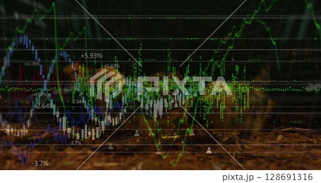 Image of financial graphs and icons over black background 128691316