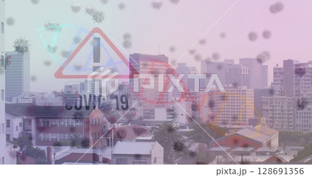 Image of covid 19 text and cells over dna strand spinning and cityscape 128691356