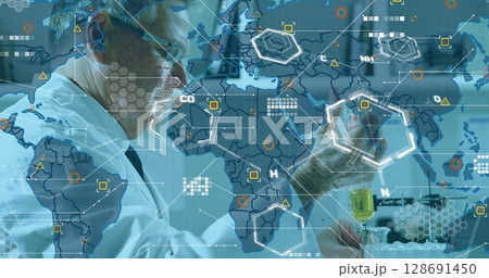 Image of data processing and world map over caucasian male scientist in lab Image of data processing and world map over caucasian male scientist in lab 128691450