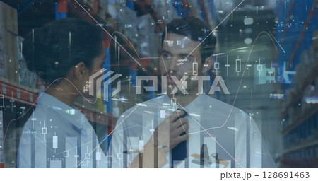 Image of financial data processing over diverse people in warehouse and cityscape 128691463