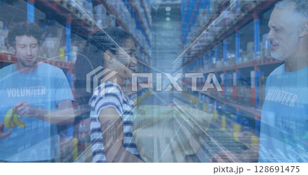 Image of financial data processing over diverse people in warehouse 128691475