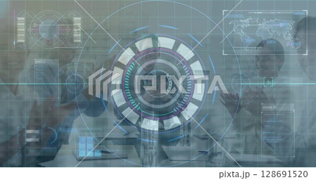 Image of data processing and scope scanning over diverse business people 128691520