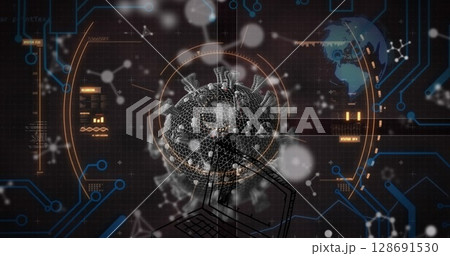 Image of molecules and data processing over virus cells Image of molecules and data processing over virus cells 128691530