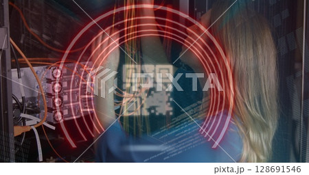 Image of data processing over caucasian female worker in server room Image of data processing over caucasian female worker in server room 128691546