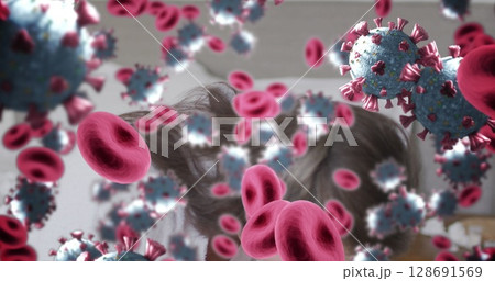 Floating 3D blood cells and virus particles obscuring room background, showing virus interaction 128691569