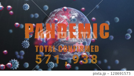 Showing digital Earth globe displaying pandemic text overlay in deep space with 3D virus particles 128691573