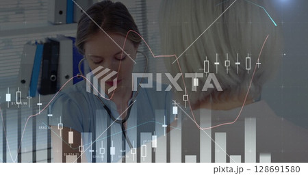 Image of data processing over caucasian female nurse treating patient 128691580
