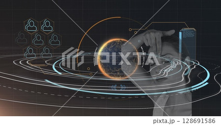 Image of data processing over caucasian woman Image of data processing over caucasian woman 128691586
