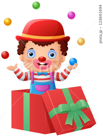 Cute clown celebrate birthday and playing inside big gift box 128691694