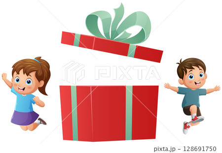 Cute cartoon boy and girl with big open gift box Cute cartoon boy and girl with big open gift box 128691750