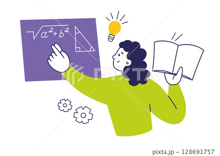 Flat cartoon vector illustration of school girl writing on chalkboard with notebook in hand. Pythagorean theorem, light bulb icon. Education theme, school life, learning process, academic visuals 128691757