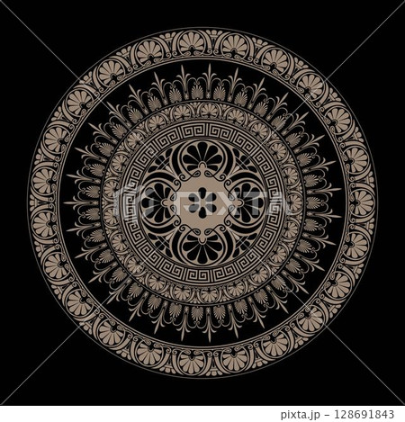 Decorative gold round frame for design with Greek key, meander. Circle frame. Egyptian, Assyrian, Greek motif circular frame. Template for textiles, engraving, forging, embroidery, porcelain 128691843