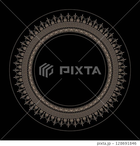 Golden Greek key and floral meander frame. Patterns of Greece, ancient Rome. Circle european antique border. Circular pattern. Vintage decorative elements. Islam, Arabic, Indian, ottoman motifs 128691846