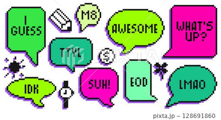 Pixel art speech bubbles set in bright colors 128691860