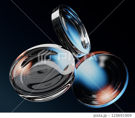 3d glass circle discs with blue and brown gradient on abstract black background. Dynamic geometric shapes with light refraction prism lens. Crystal round disks, circular plates, pucks. 3D illustration 3d glass circle discs with blue and brown gradient on abstract black background. Dynamic geometric shapes with light refraction prism lens. Crystal round disks, circular plates, pucks. 3D illustration 128691909