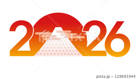 2026年の年賀素材　富士山と初日の出のシンボルロゴ 128691944