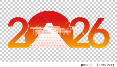 2026年の年賀素材　富士山と初日の出のシンボルロゴ 128691944