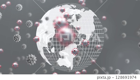 Displaying transparent 3D globe rotating in abstract digital space, with red-tipped virus particles Displaying transparent 3D globe rotating in abstract digital space, with red-tipped virus particles 128691974