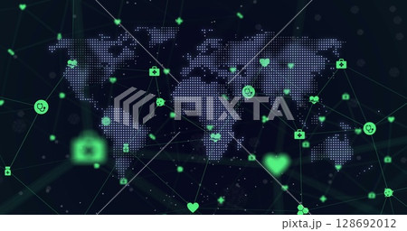 Image of network of connections with icons on black background 128692012