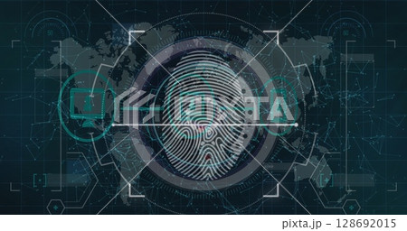 Image of fingerprint and data processing over network of connections on black background Image of fingerprint and data processing over network of connections on black background 128692015