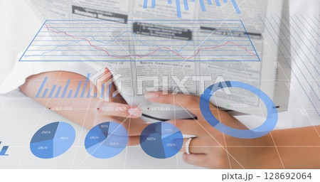 Image of data processing over caucasian woman with newspaper 128692064