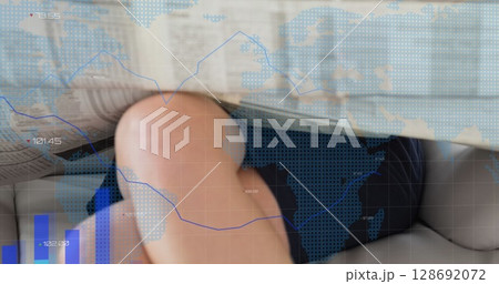 Image of data processing over caucasian woman with newspaper Image of data processing over caucasian woman with newspaper 128692072
